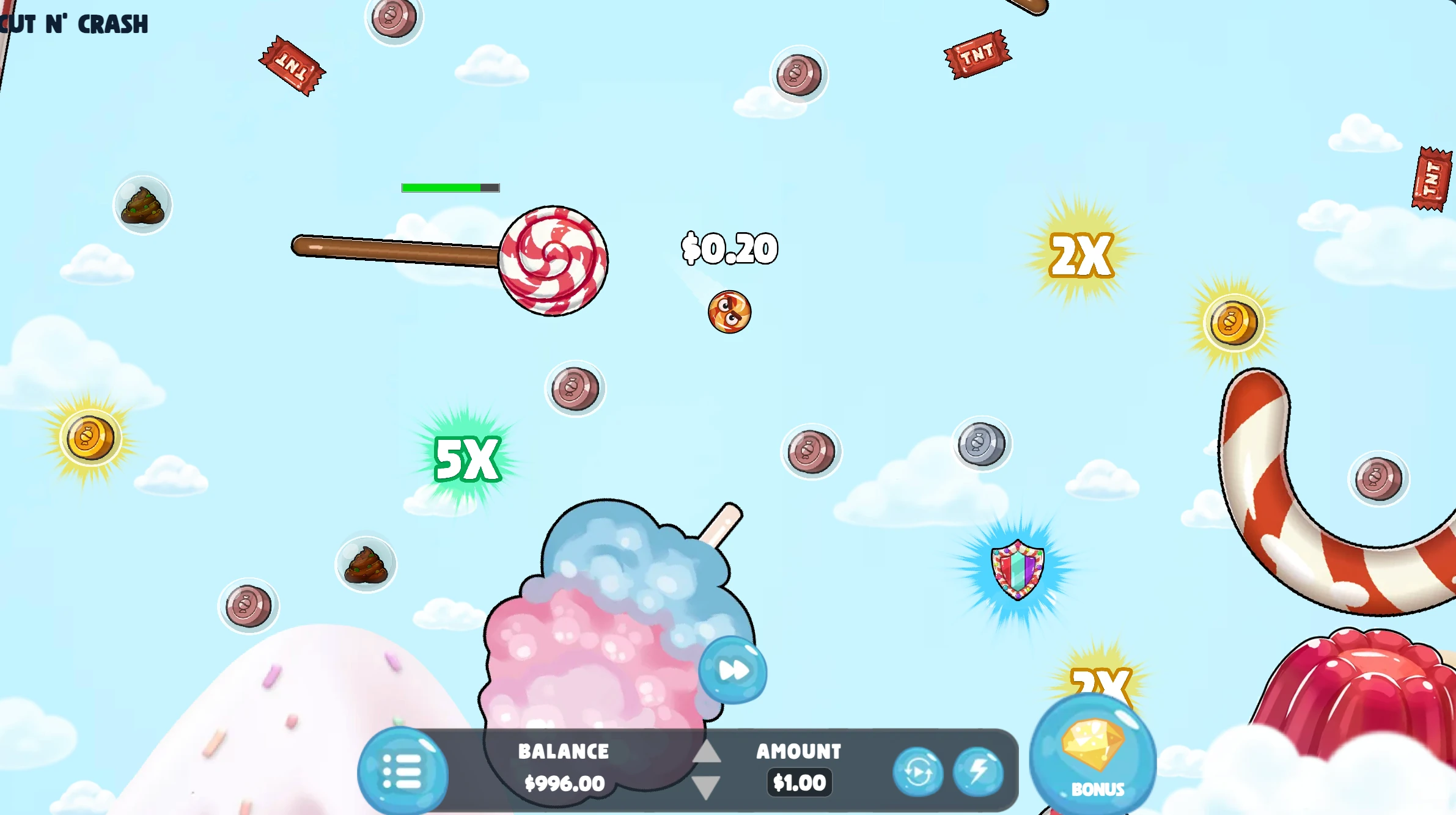 Cut N Crash demo gameplay showing the candy ball falling with collected multipliers