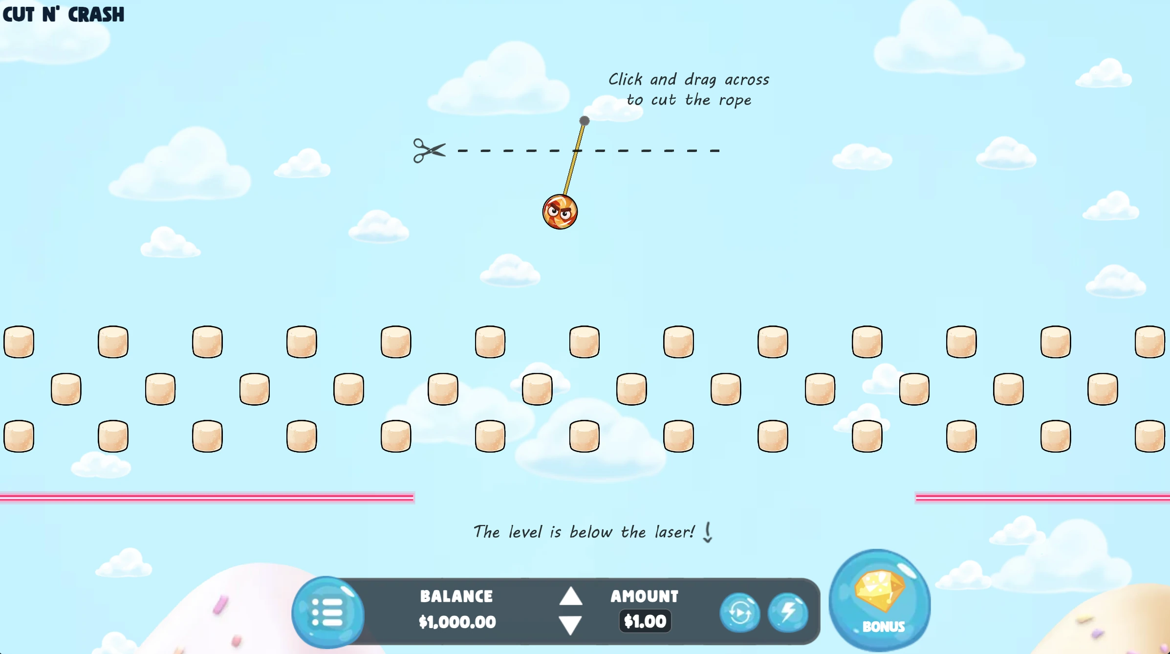 Cut N Crash Slot game screen showing the candy character hanging from a rope above platforms
