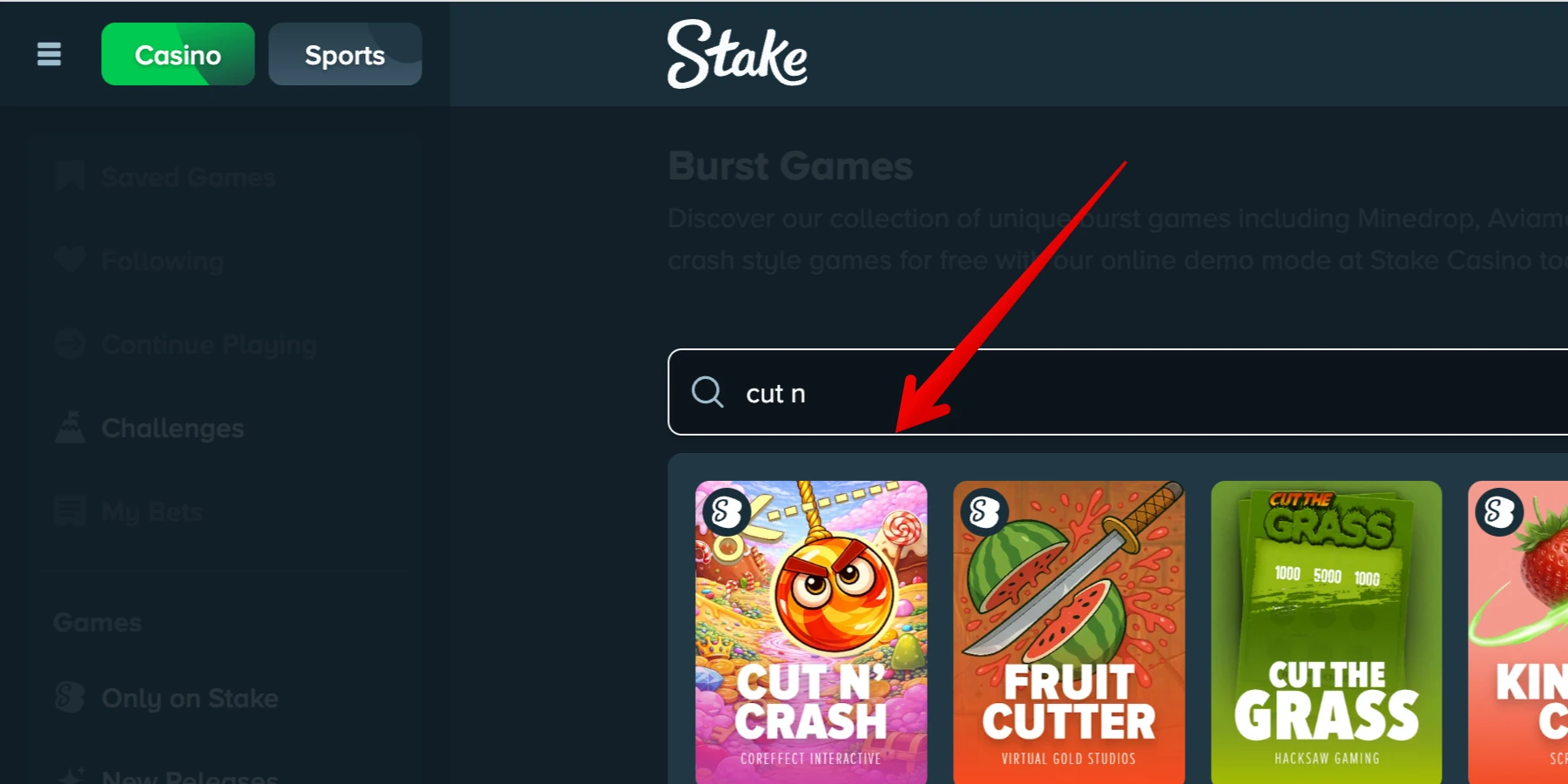 Stake Casino showing Cut N Crash game in their game library